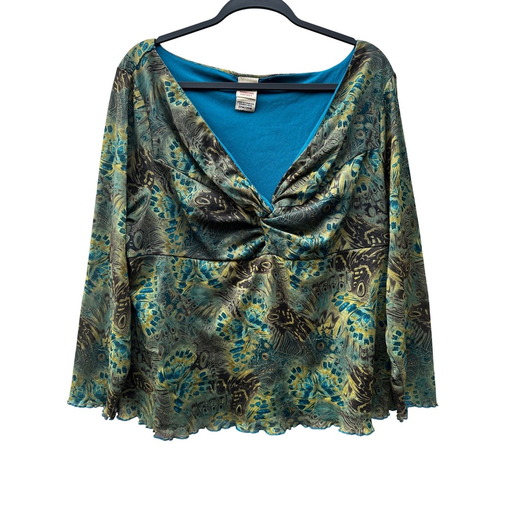 Faded Glory Vtg Y2K Womens 22W Babydoll Peacock Twist Front Lettuce Edge Top
